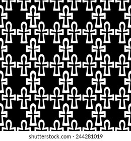Egyptian seamless pattern with Ankh, cross in black and white. Egypt hieroglyphs. Tribal art monochrome repeating background texture. Cloth design. Wallpaper