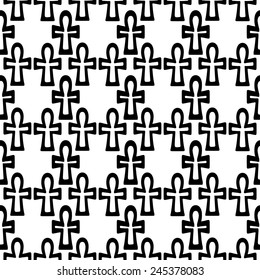 Egyptian seamless pattern with Ankh, cross in black and white. Egypt hieroglyphs. Tribal art monochrome repeating background texture. Cloth design. Wallpaper