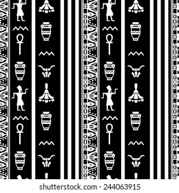Egyptian seamless pattern. Egypt hieroglyphs. Tribal art repeating background texture. Cloth design. Wallpaper 