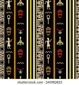 Egyptian seamless pattern. Egypt hieroglyphs. Tribal art repeating background texture. Cloth design. Wallpaper 