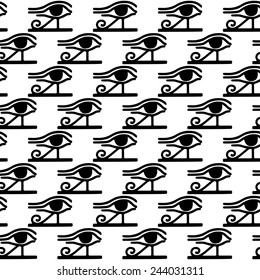 Egyptian seamless pattern with Eye of Horus in black and white. Egypt hieroglyphs. Tribal art monochrome repeating background texture. Cloth design. Wallpaper 