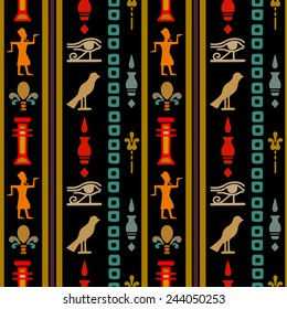 Egyptian seamless pattern with Eye of Horus, Pharaoh, flowers, bird. Egypt hieroglyphs. Tribal art repeating background texture. Cloth design. Wallpaper 