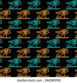 Egyptian seamless pattern with Eye of Horus in black, gold, blue colors. Egypt hieroglyphs. Tribal art colorful repeating background texture. Cloth design. Wallpaper 