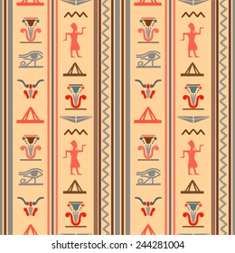 Egyptian seamless pattern with Eye of Horus, Pharaoh, flowers, pyramid, wings. Egypt hieroglyphs. Tribal art repeating background texture. Cloth design. Wallpaper 