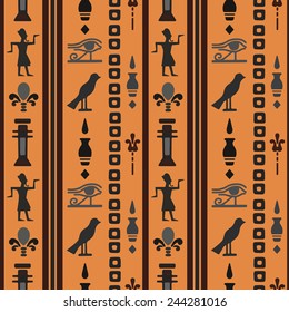 Egyptian seamless pattern with Eye of Horus, Pharaoh, flowers, bird. Egypt hieroglyphs. Tribal art repeating background texture. Cloth design. Wallpaper 