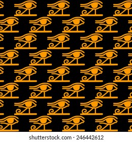 Egyptian seamless pattern with Eye of Horus in black and gold. Egypt hieroglyphs. Tribal art repeating background texture. Cloth design. Wallpaper 