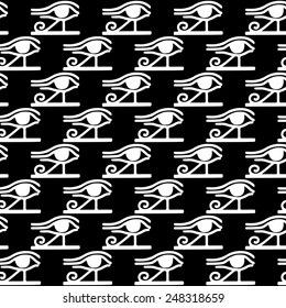 Egyptian seamless pattern with Eye of Horus in black and white. Egypt hieroglyphs. Tribal art monochrome repeating background texture. Cloth design. Wallpaper 