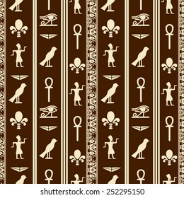 Egyptian seamless pattern with Eye of Horus, Ankh, Pharaoh, flowers, pyramid, wings. Egypt hieroglyphs. Tribal art repeating background texture. Cloth design. Wallpaper 