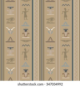 Egyptian seamless pattern with Eye of Horus, Pharaoh, flowers, pyramid, wings. Egypt hieroglyphs. Tribal art repeating background texture. Cloth design. Wallpaper 