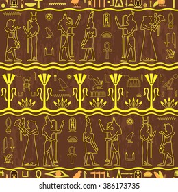 Egyptian seamless pattern with Eye of Horus, Pharaoh, flowers, pyramid, wings. Egypt hieroglyphs.