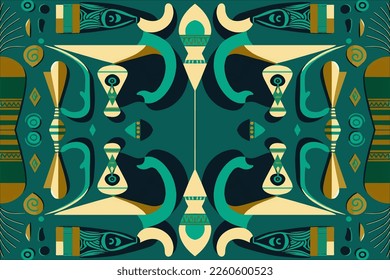 Egyptian seamless pattern green and blue background. Abstract traditional folk old ancient antique tribal ethnic graphic line. Ornate elegant luxury vintage retro style for texture textile fabric.