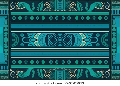 Egyptian seamless pattern green and blue background. Abstract traditional folk old ancient antique tribal ethnic graphic line. Ornate elegant luxury vintage retro style for texture textile fabric.