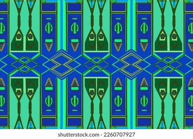 Egyptian seamless pattern green and blue background. Abstract traditional folk old ancient antique tribal ethnic graphic line. Ornate elegant luxury vintage retro style for texture textile fabric.