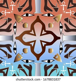 Egyptian seamless pattern. Halftone  background. Vector graphic illustration. Ancient hieroglyphs. Old style tribal ornament with egyptian eyes, symbols, signs, shapes. Abstract colorful design.