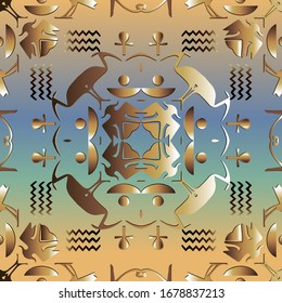 Egyptian seamless pattern. Halftone colorful background. Vector graphic illustration. Ancient hieroglyphs style tribal ornament with gold birds, symbols, zigzag lines, signs, shapes. Abstract design.