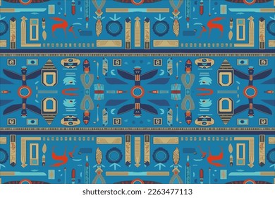 Egyptian seamless pattern multicolor blue background. Abstract traditional folk old ancient antique tribal ethnic Egypt graphic line. Ornate elegant luxury vintage retro style texture textile fabric.