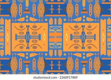 Egyptian seamless pattern orange and blue background. Abstract traditional folk old ancient antique tribal ethnic graphic line. Ornate elegant luxury vintage retro style for texture textile fabric.