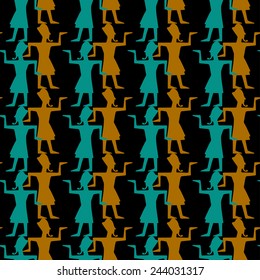 Egyptian seamless pattern with pharaohs in black, gold, blue colors. Egypt hieroglyphs. Tribal art colorful repeating background texture. Cloth design. Wallpaper 