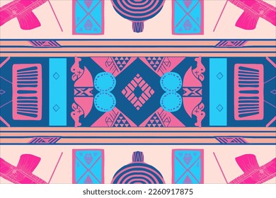 Egyptian seamless pattern pink and blue background. Abstract traditional folk old ancient antique tribal ethnic graphic line. Ornate elegant luxury vintage retro style for texture textile fabric.