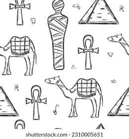 Egyptian seamless pattern with pyramid, camel and mummy