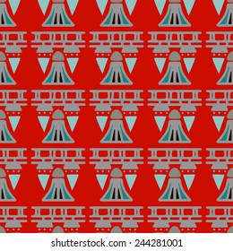 Egyptian seamless pattern in red and silver. Egypt hieroglyphs. Tribal art colorful repeating background texture. Cloth design. Wallpaper 