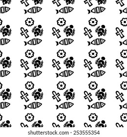 Egyptian seamless pattern with scarab beetle, flower, fish, ankh cross in black and white. Egypt hieroglyphs. Tribal art repeating background texture. Cloth design. Wallpaper 