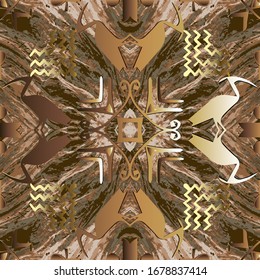 Egyptian seamless pattern. Textured ornamental rough background. Vector graphic illustration. Ancient hieroglyphs style ornament with gold birds, symbols, zigzag lines, signs, shapes. Abstract design.