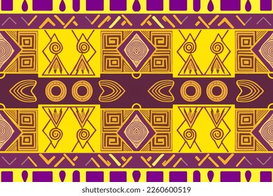 Egyptian seamless pattern yellow and purple background. Abstract traditional folk old ancient antique tribal ethnic graphic line. Ornate elegant luxury vintage retro style for texture textile fabric.