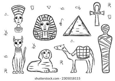 Egyptian set with Pharaoh and Cleopatra in hand drawn doodle style