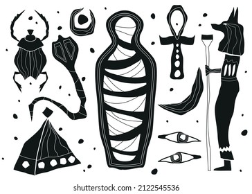 Egyptian set of signs and symbols. Desert, pyramid, anubis, snake, ankh cross, mummy in sarcophagus, scarab, ouadget amulet, Pharaoh. Mystical curses. Rites and resurrections. Vector illustration.