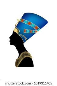 Egyptian silhouette icon. Queen Nefertiti.  Vector portrait Profile with gold jewels and precious stones, isolated on white background.