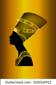  Egyptian silhouette icon. Queen Nefertiti. Vector portrait Profile with gold jewels and precious stones, isolated on golden background.