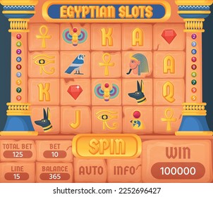 Egyptian slots. Game casino slot frame in ancient egypt civilization style, pharaoh history symbol background with gold jewelry icon elements, ingenious vector illustration of egyptian slot machine