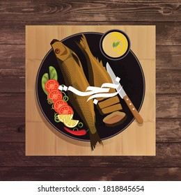 Egyptian smoked Herring fish with green onion,lemon,cherry tomatoes,spices and Tahini sauce on wood background, the Arabic calligraphy means (Herring fish)