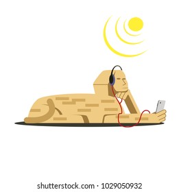 The Egyptian Sphinx listens to music from the phone. Vector illustration.