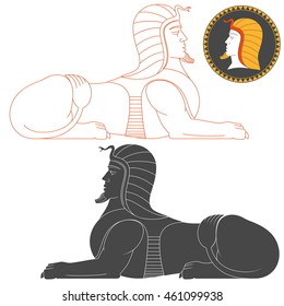 Egyptian Sphinx Monument Illustration For Heraldry Or Tattoo Design Isolated On White Background. Heraldic Symbols And Elements