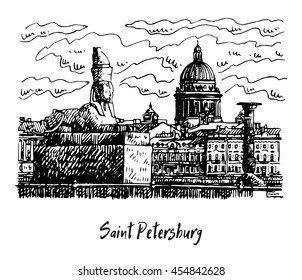 Egyptian sphinx on embankment of the Neva river in Saint Petersburg, Russia. St. Isaac's Cathedral in the background. Sketch by hand. Vector illustration. 