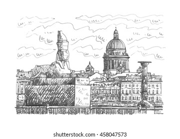 Egyptian sphinx on embankment of the Neva river in Saint Petersburg, Russia. St. Isaac's Cathedral in the background. Sketch by hand. Vector illustration. 