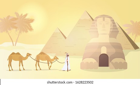 Egyptian Sphinx and Pyramids. Desert. A man leads camels through the desert. Vector illustration.