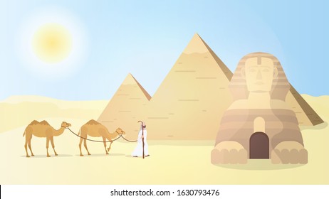 Egyptian Sphinx and Pyramids. Desert. A man leads camels through the desert. Vector illustration.
