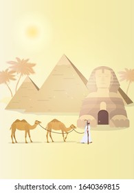 Egyptian Sphinx and Pyramids. Desert. A man leads camels through the desert. Vector illustration.