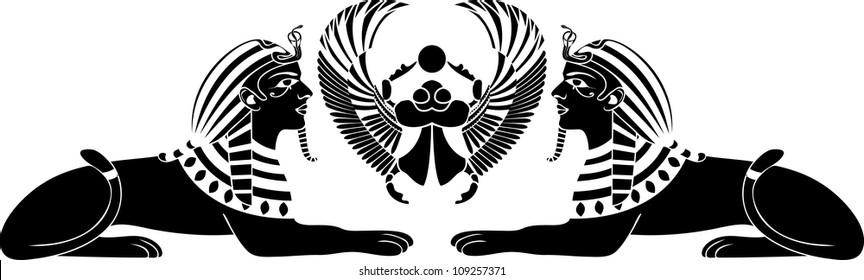 egyptian sphinx with scarab black stencil