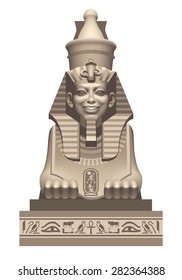 Egyptian sphinx with a smile is a front view on a white background