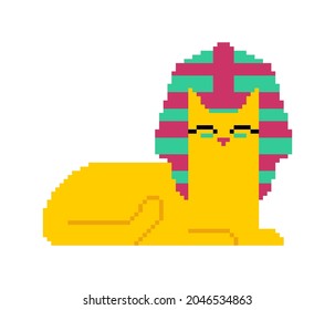 Egyptian sphynx cat pixel art. Pixelated Egypt pet. 8 bit vector illustration