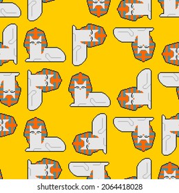 Egyptian sphynx cat pixel art pattern seamless. Pixelated Egypt pet background. 8 bit vector texture