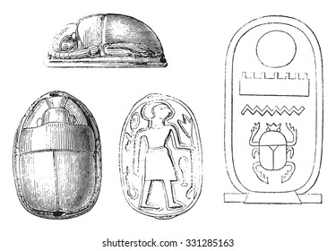 Egyptian stamps depicting sacred beetles, vintage engraved illustration. Magasin Pittoresque 1878.
