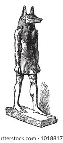 Egyptian statue Anubis (god of the dead) / vintage illustration from Brockhaus Konversations-Lexikon 1908