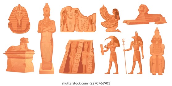 Estatua de piedra egipcia. Antiguas figuras de arcilla o monumentos de roca de la mitología del dios faraón egipto, caricatura de la religión histórica civilización antigua ingeniosa ilustración vectorial de la estatua del antiguo egipcio