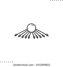 Egyptian sun god with the rays with stylized hands. Symbol of the ankh vector icon in outline