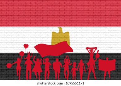 Egyptian supporter silhouette in front of brick wall with Egypt flag. All the objects, silhouettes and the brick wall are in different layers. 